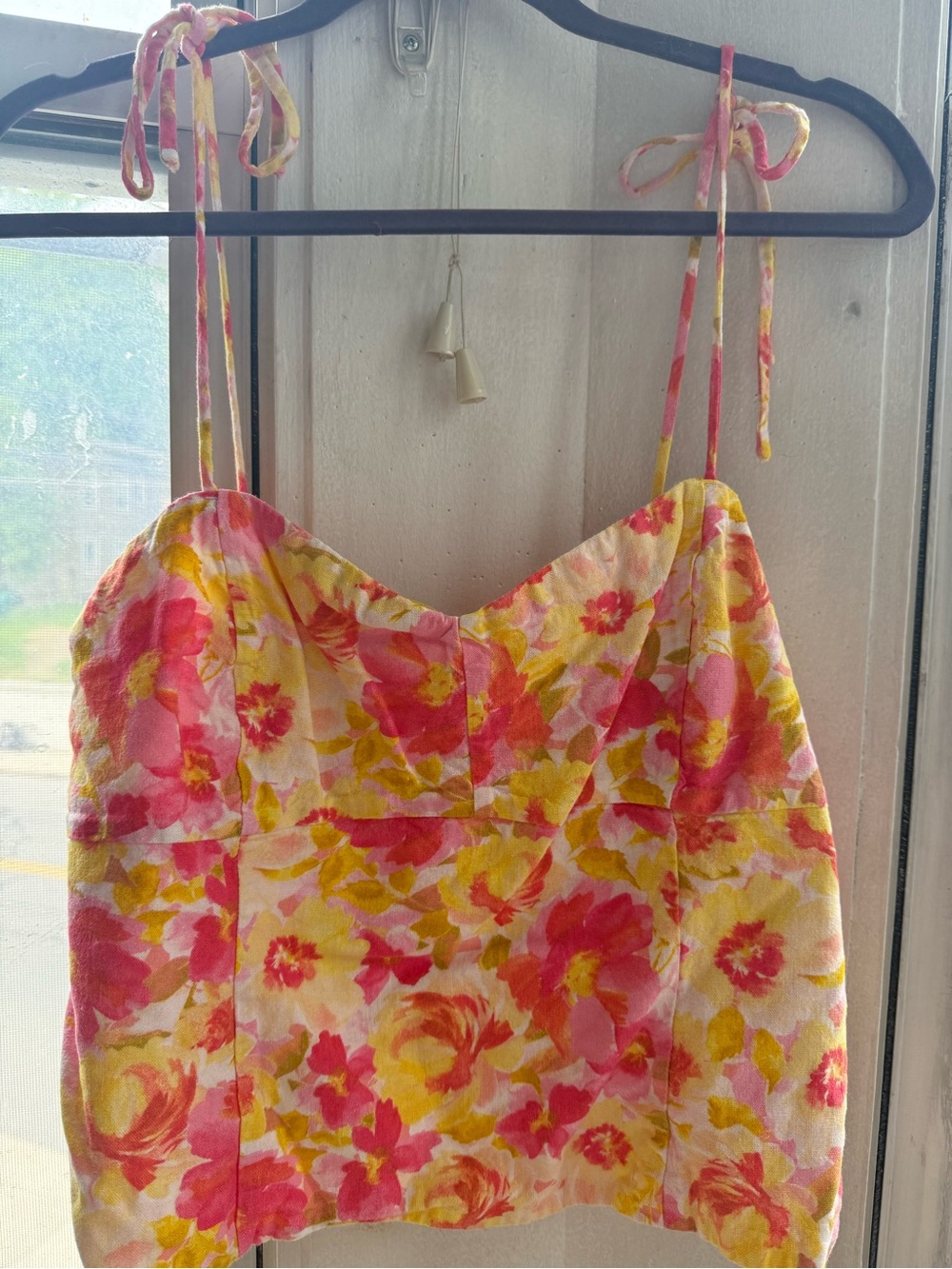 Old Navy Pink and Yellow Smocked Cropped Tank Top